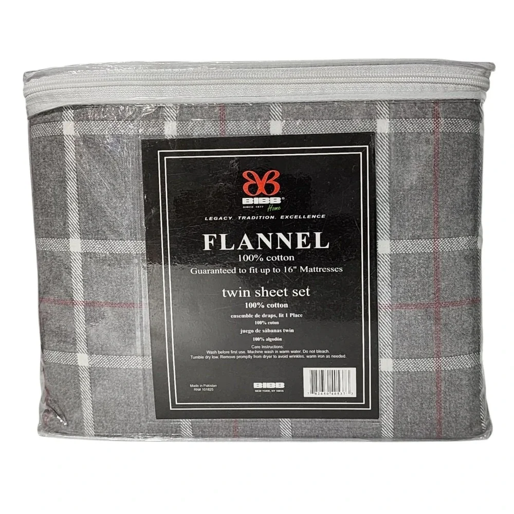 BIBB Home Twin Size Gray Checkered Cotton Flannel Sheet Set 3pc‎